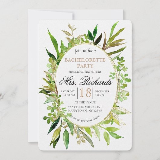 Groen & Goud Blad Vrijgezellenfeest Uitnodiging (Voorkant)