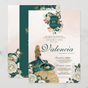 Groen Goud Bloemen Crest Elegant Charra Quinceaner Kaart