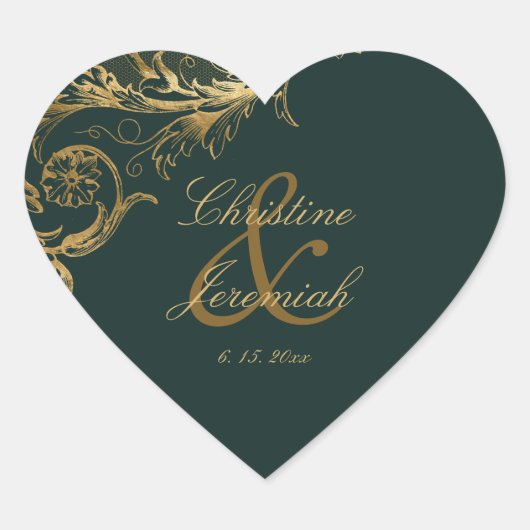  Groen Goud Bloemen Damast Script Bruiloft Hart Sticker (Voorkant)