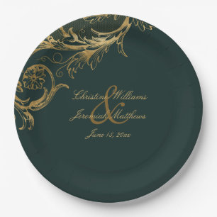  Groen Goud Bloemen Damast Script Bruiloft Papieren Bordje