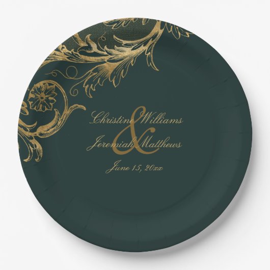  Groen Goud Bloemen Damast Script Bruiloft Papieren Bordje (Voorkant)