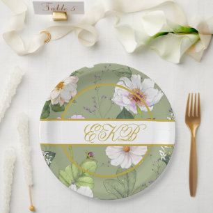 Groen Goud Bloemen Elegant Modern Monogram Papieren Bordje