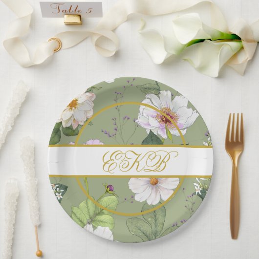 Groen Goud Bloemen Elegant Modern Monogram Papieren Bordje