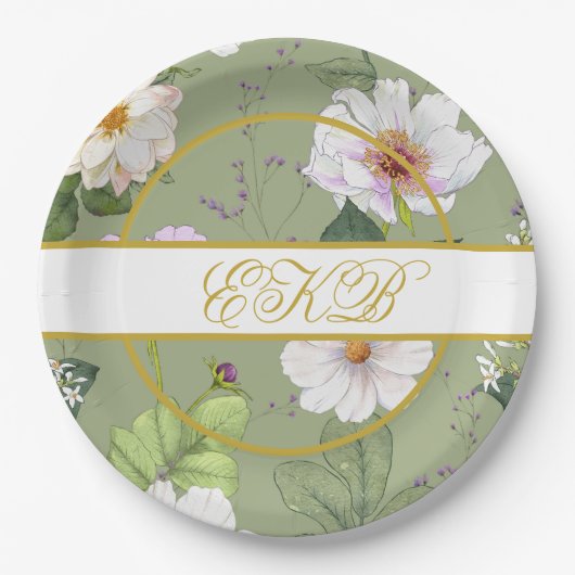 Groen Goud Bloemen Elegant Modern Monogram Papieren Bordje (Voorkant)