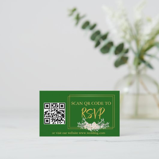 Groen Goud Bloemen RSVP QR Code Bruiloft Website Informatiekaartje (Staand voorkant)