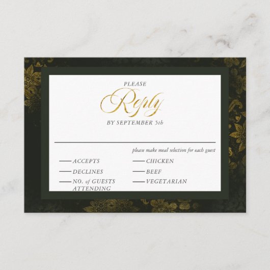 Groen & Goud Bloemrijke Elegante Calligrafie Bruil Informatiekaartje (Voorkant)