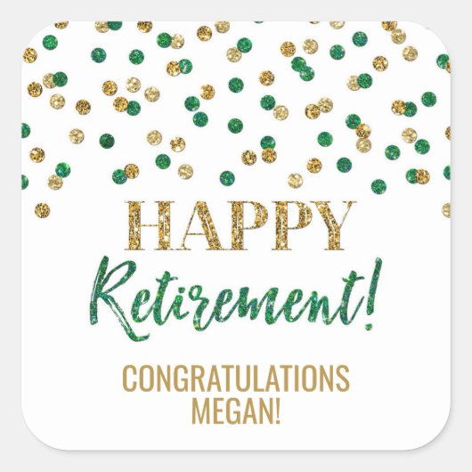 Groen Goud Confetti Happy Retirement Vierkante Sticker (Voorkant)