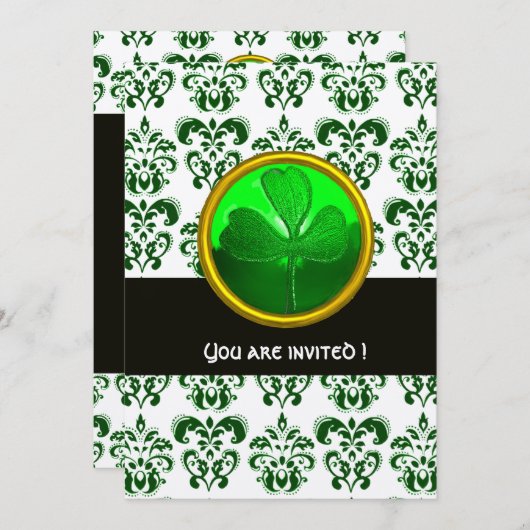 GROEN GOUD DAMAST MET KLAVER ,Zwart Wit Kaart (Voorkant / Achterkant)