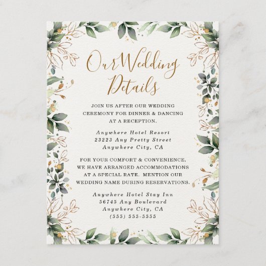 Groen Goud Elegante Waterverf Boho Leaf Bruiloft Informatiekaartje (Voorkant)