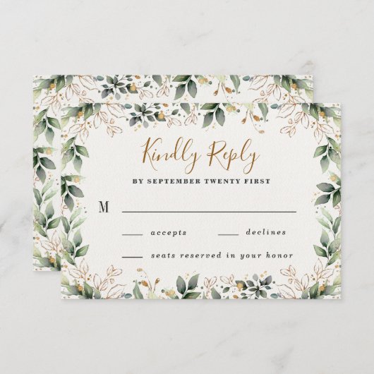 Groen Goud Elegante Waterverf Boho Leaf Bruiloft RSVP Kaartje (Voorkant / Achterkant)