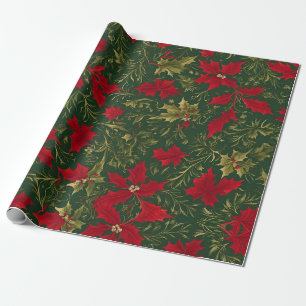 Groen Goud en rood Kerst Holly Bloem Cadeaupapier