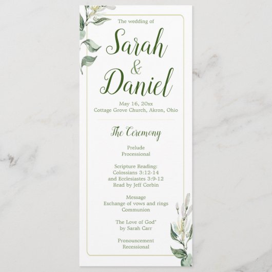 Groen, Goud en Wit Bloemen Trouwprogramma Programma (Voorkant)