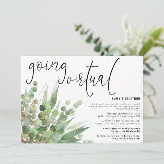Groen Goud Eucalyptus Script Going Virtuele Bruilo Kaart (Staand voorkant)