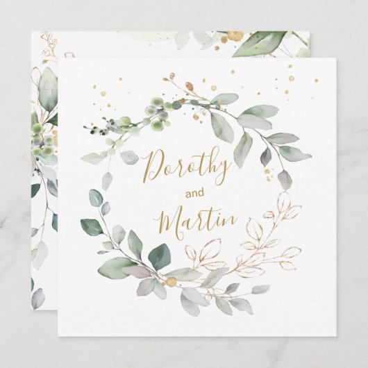 Groen & goud gebladerte bruiloft kaart (Voorkant / Achterkant)