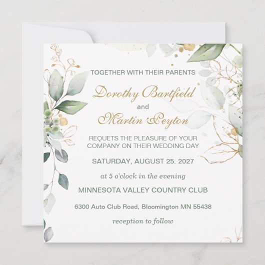 Groen & goud gebladerte bruiloft kaart (Achterkant)