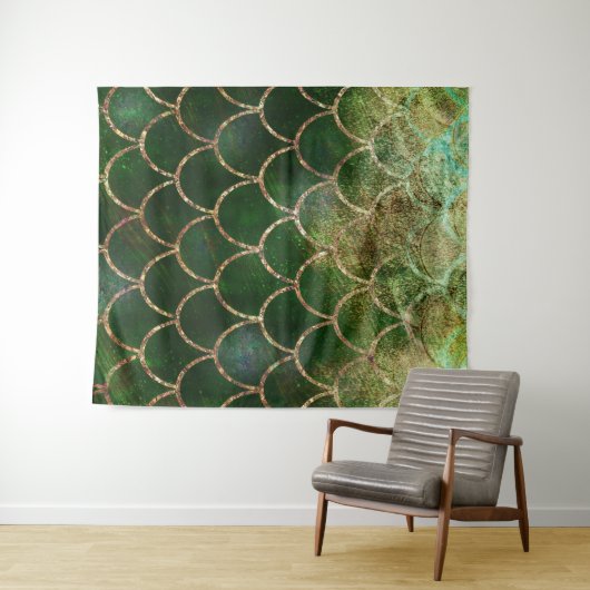 Groen & Goud Glanzende Zeemeermin Vissen Schubben Wandkleed (In Situ (horizontaal))