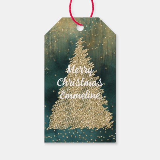 Groen Goud Glitter Sparkle Kerstboom Cadeaulabel (Voorkant)