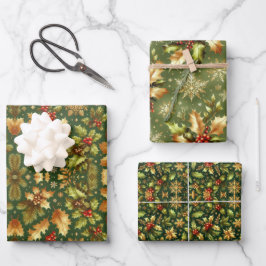 Groen & Goud Hollies Kerst Inpakpapier Vel
