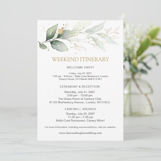 Groen & goud huwelijksweekend-itinerarium kaart (Staand voorkant)