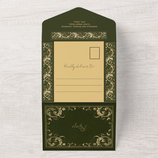 Groen Goud Kant Elegant Budget Bruiloft All In One Uitnodiging (Buitenkant)