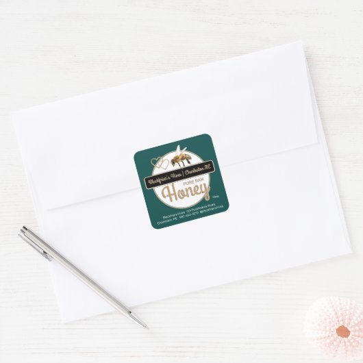 Groen Goud Modern Script Honing met Honingbij Vierkante Sticker (Envelop)