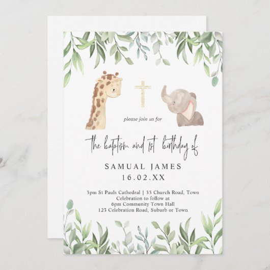 Groen & Goud Oerwoud Doop & 1e Verjaardag Kaart (Voorkant / Achterkant)