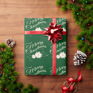 Groen & Goud Prettig Kerstfeest met Witte Poinsett Cadeaupapier