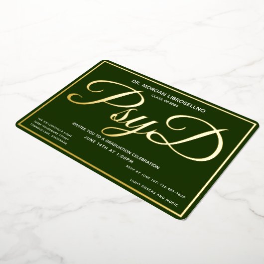 Groen Goud PsyD Afstuderen Folie Uitnodiging (Gedraaid)
