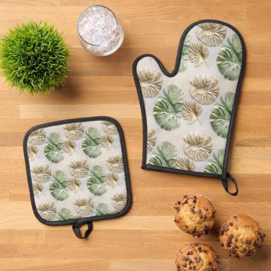 Groen goud tropische bladeren ovenwant & pannenlap set (Top down)