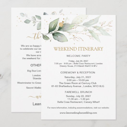 Groen & goud trouwweekend programma (Voorkant / Achterkant)