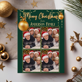 Groen & Goud Vier Fotocollage Elegante Kerstmis Feestdagenkaart