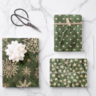 Groen Goud Vintage Kerstsneeuwvlokken Sterren Stip Inpakpapier Vel