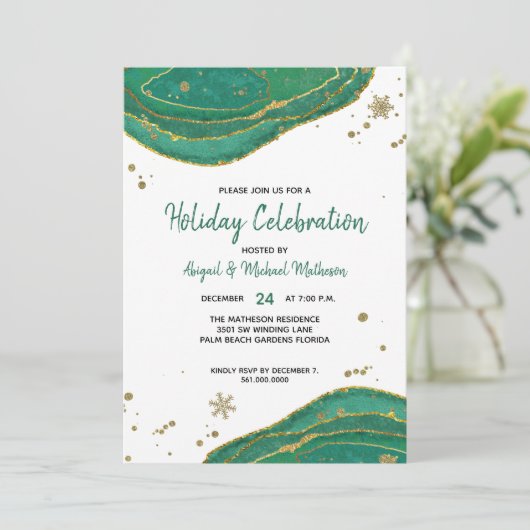 Groen & Goud Waterverf Geode Agate Vakantiefeest Kaart (Staand voorkant)