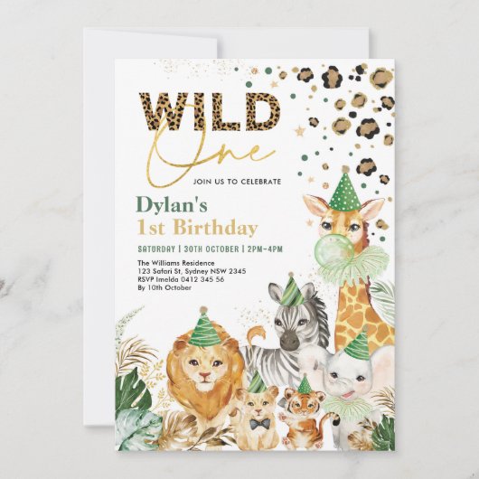 Groen goud wild een Safari Party Animals Kaart (Voorkant)