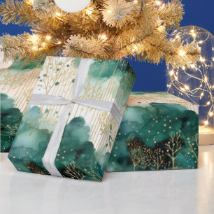 Groen Goud Witte Bomen Kerstmis Cadeaupapier