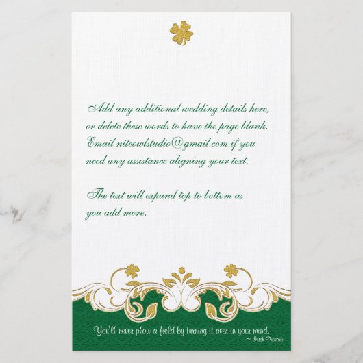 Groen, goud, witte scrollers, shamrocks Stationery Briefpapier (Voorkant)