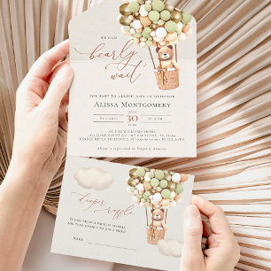 Groen gouden Beer ballonnen Baby shower All In One Uitnodiging