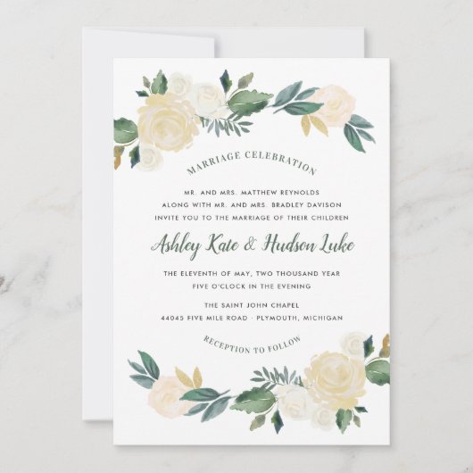 Groen Gouden Bloemengewas Huwelijksviering Kaart (Voorkant)