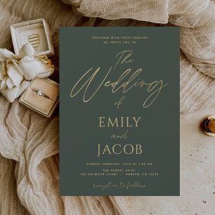 Groen Gouden Bruiloft Moderne Typografie Script Folie Uitnodiging