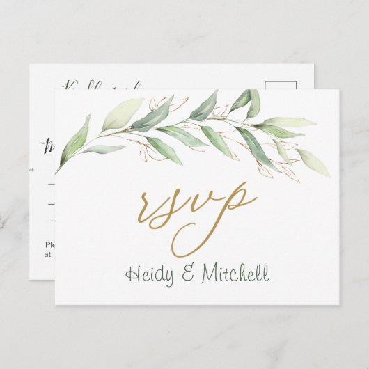 Groen & gouden gebladerte RSVP-Briefkaart Briefkaart (Voorkant / Achterkant)