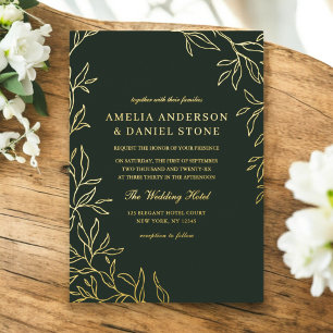 Groen Gouden Minimaal Elegant Blad Bruiloft Folie Uitnodiging