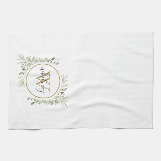 Groen Gouden Monogram Chic Script Theedoek (Horizontaal)