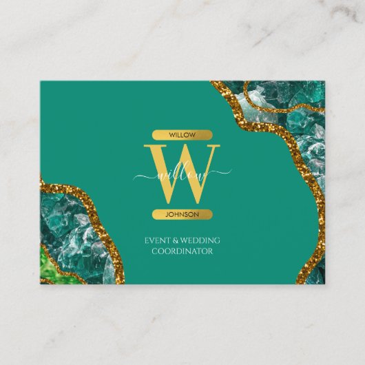 Groen goudgrijs Geode Glitter Monogram QR Code Visitekaartje (Voorkant)