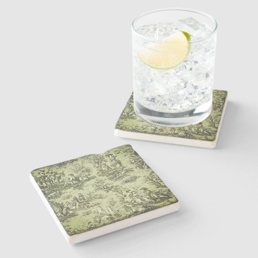 groen grijs Toile de Jouy patroon Stenen Onderzetter (Zijkant)