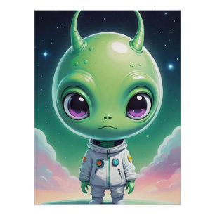 Groen groot hoofd alien met horens perfect poster
