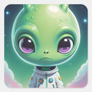 Groen groot hoofd alien met horens vierkante sticker