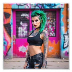 Groen Haar Tattoo Punk Babe in Graffiti Street Foto Afdruk