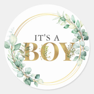 Groen Het is een Jongen Goud Eucalyptus Baby Showe Ronde Sticker