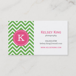 Groen & Hot Roze Chevron Custom Monogram Visitekaartje