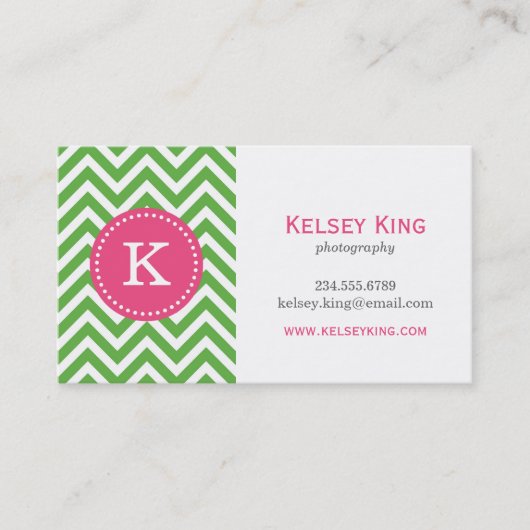 Groen & Hot Roze Chevron Custom Monogram Visitekaartje (Voorkant)